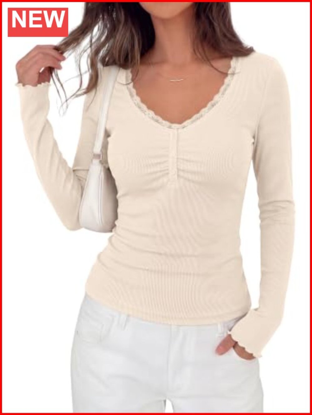 Women's Lace Trim V-Neck Long Sleeve Henley Shirt, Fitted Knit Blouse, Stretchy